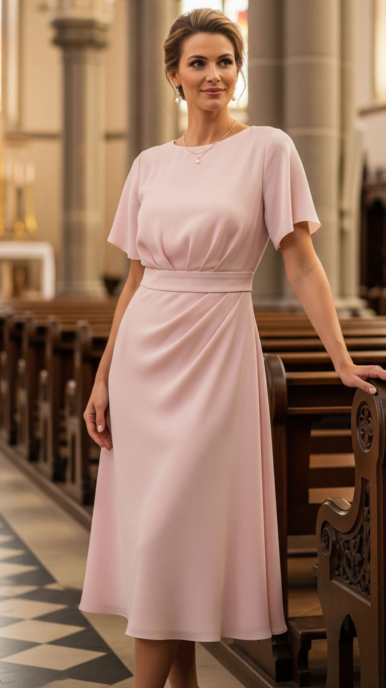 Pale Pink Crepe Dress with Draped Bodice Pale Pink Crepe Dress with Draped Bodice — Winter Church Outfits