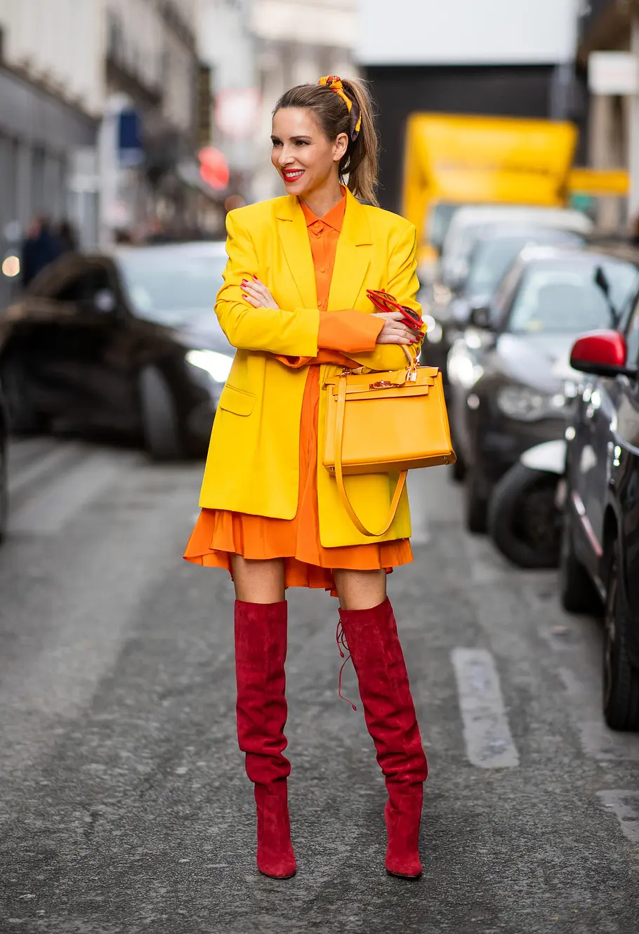 Vibrant Mix: Red Boots with Orange Dress and Yellow Blazer Vibrant Mix: Red Boots with Orange Dress and Yellow Blazer — Knee High Boots Outfits