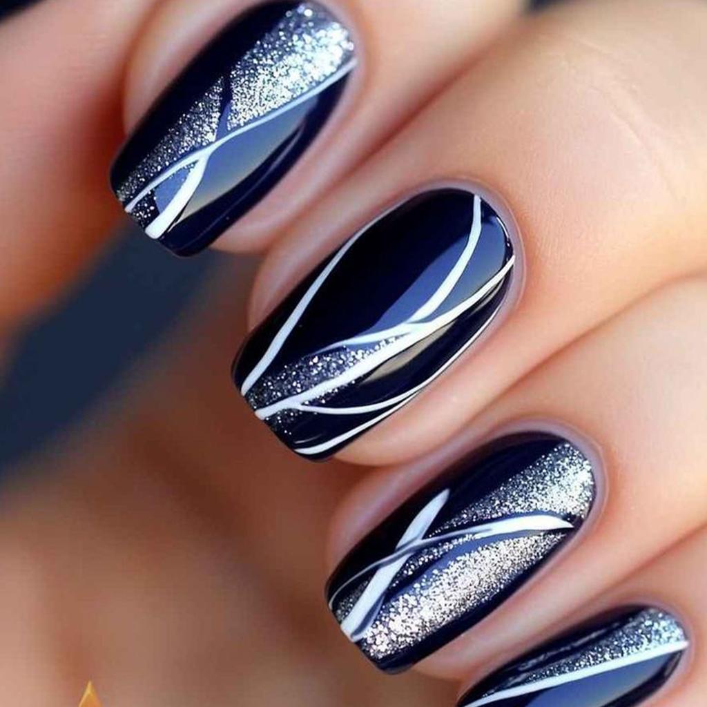Navy Blue Square with Silver Wavy Lines — Winter Square Nails