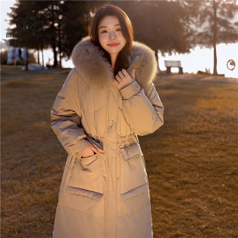 Neutral Beige Puffer Coat with Fur-Trimmed Hood — Korean Winter Outfits