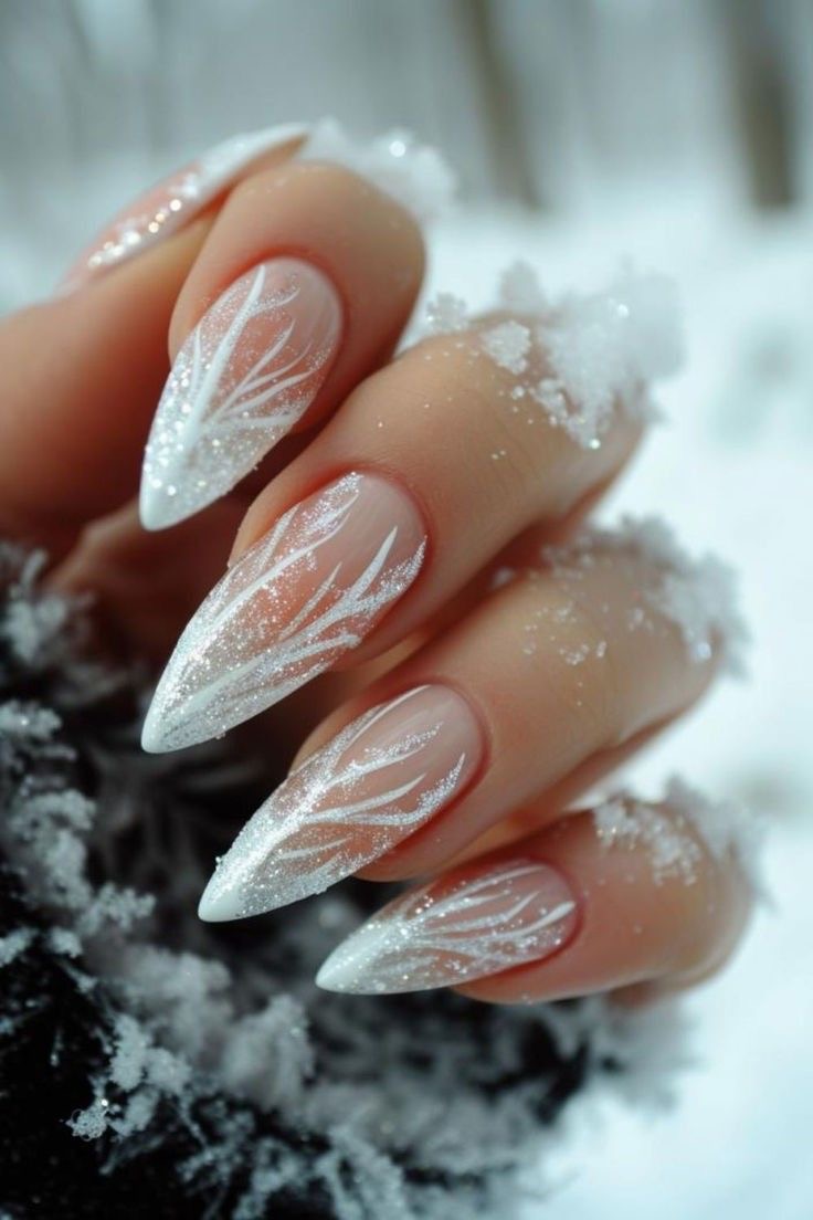 Intricate Frosty Branch Design Visual Idea Intricate Frosty Branch Design Visual Idea — Winter Stiletto Nails
