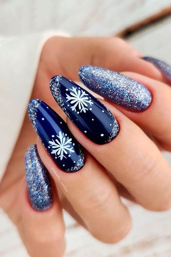 Navy Snowflake Glitter Coffin Nails — Winter Glitter Nails