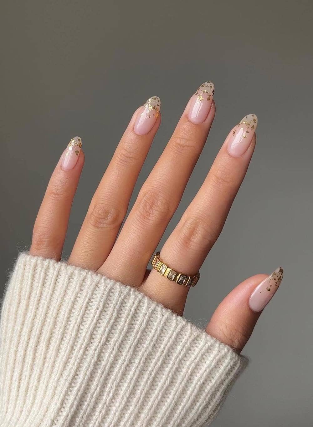 Glossy With Scattered Metallic Flakes Visual Idea — Winter Nude Nails