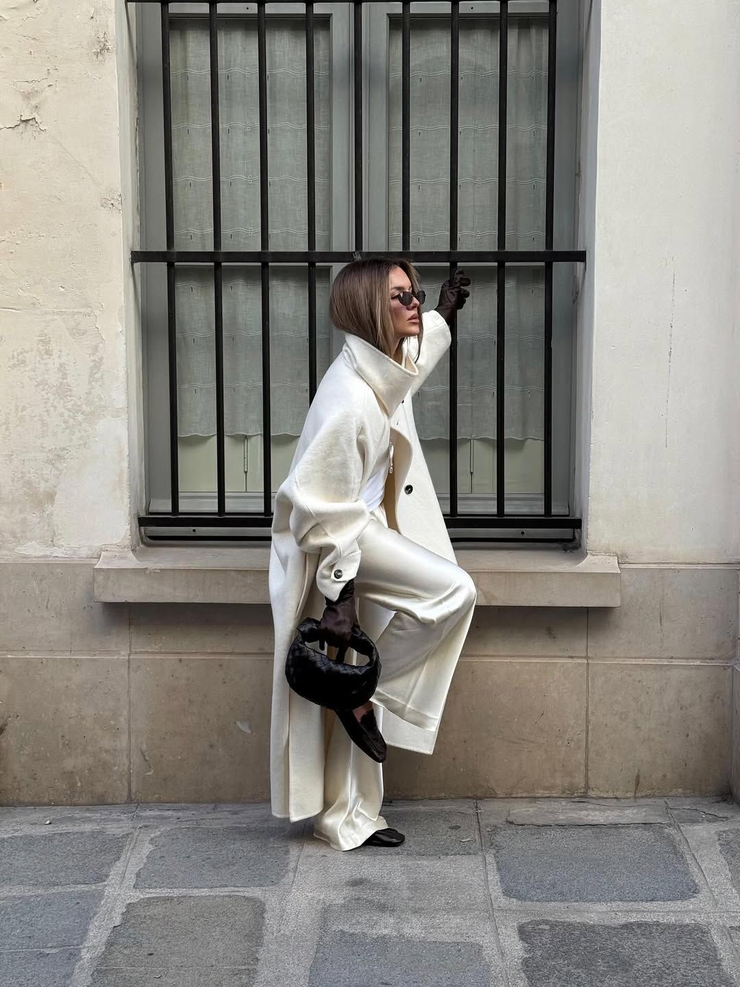 Monochromatic Cream Coat with Satin Trousers — Long Coat Outfits