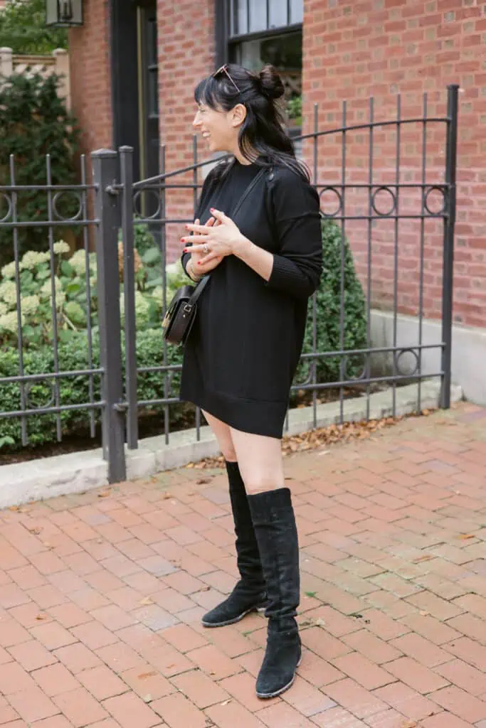 Monochromatic Elegance: Black Dress and Over-the-Knee Boots Monochromatic Elegance: Black Dress and Over-the-Knee Boots — Suede Boots Outfits