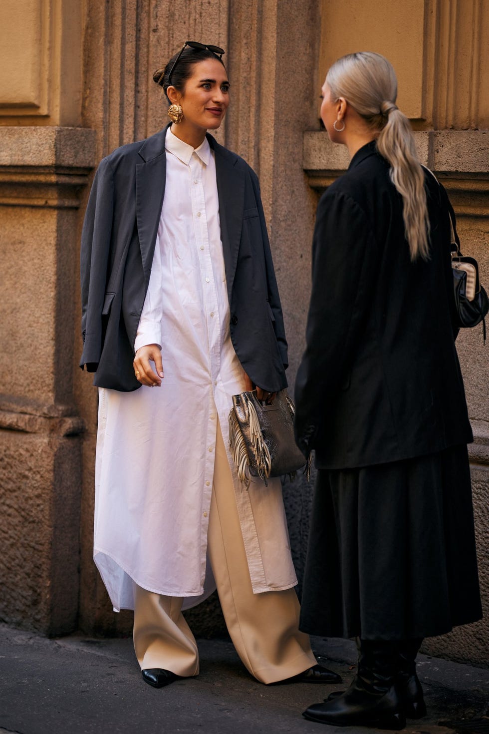Oversized Blazer Over Shirt Dress and Wide-Leg Trousers — Winter Layering Outfits