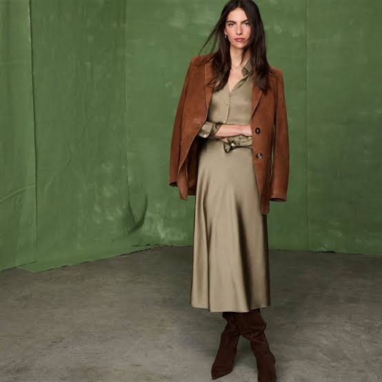 Suede Jacket with Silk Shirt and Midi Skirt Suede Jacket with Silk Shirt and Midi Skirt — Winter Date Night Outfits