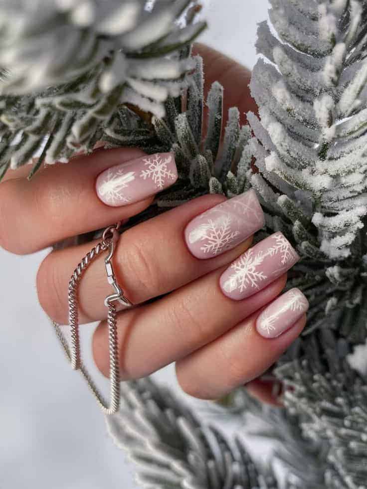 Pale Pink Square with Snowflake Decals — Classy Winter Nails