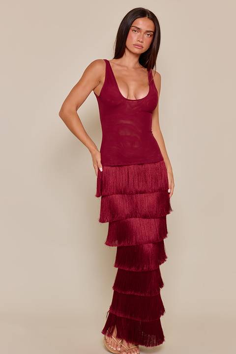 Deep Red Tiered Fringe Maxi Skirt Ensemble Deep Red Tiered Fringe Maxi Skirt Ensemble — Winter Birthday Outfits
