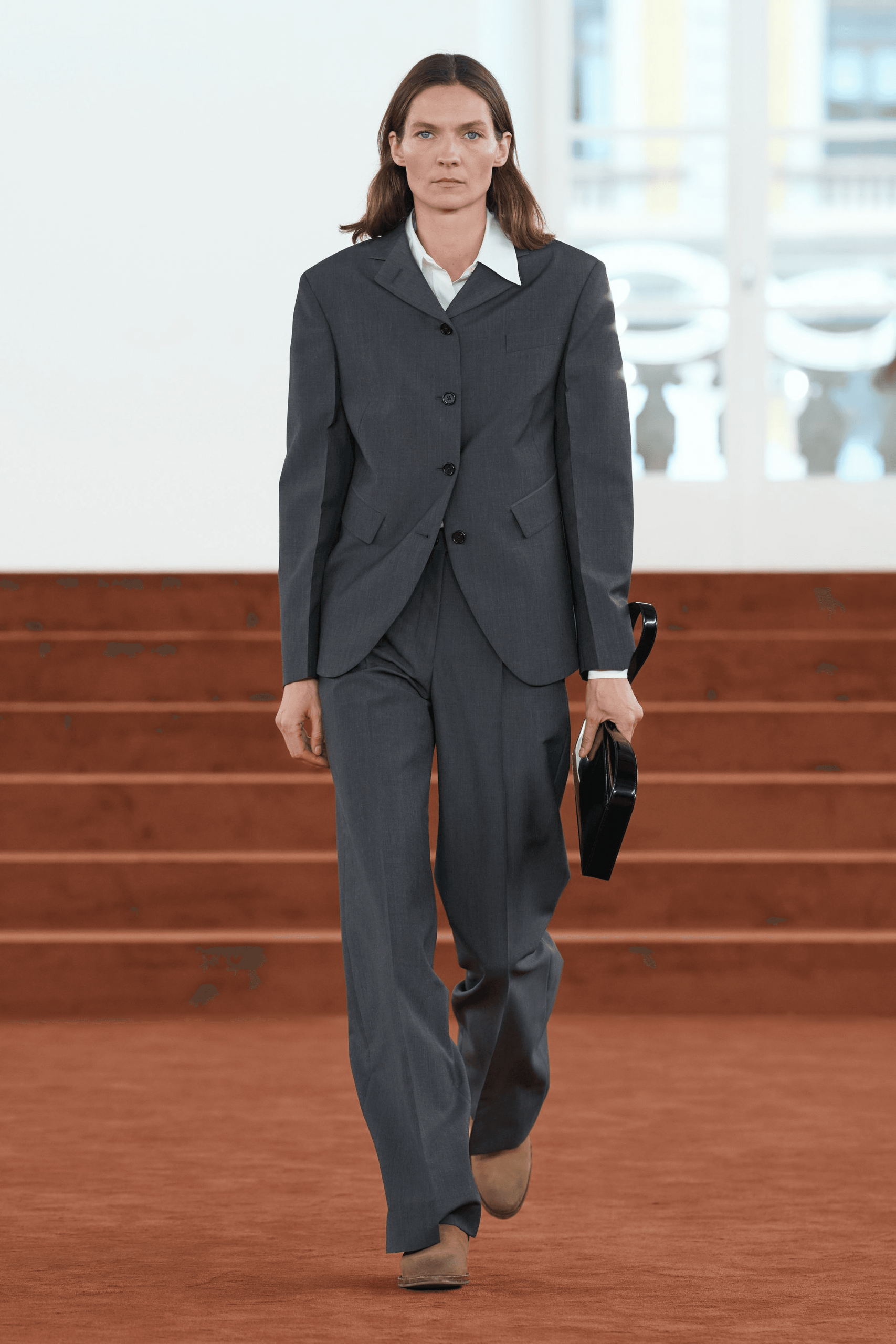 Sharp Grey Suit with White Shirt and Brown Loafers — Minimalist Winter Outfits