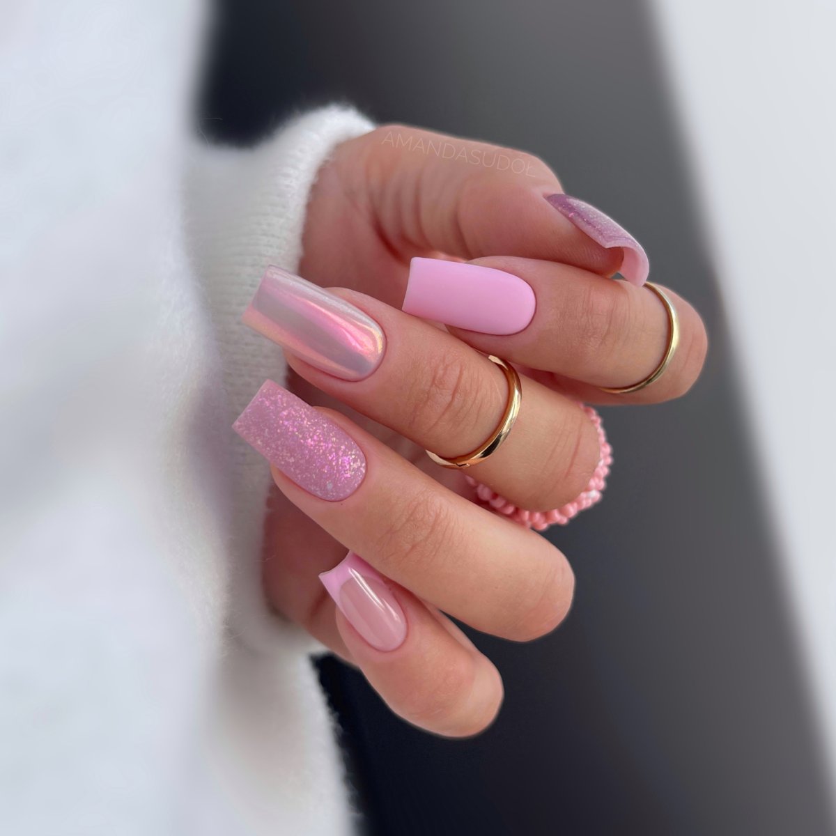 Mixed Finish Pink Square Nails — Winter Pink Nails