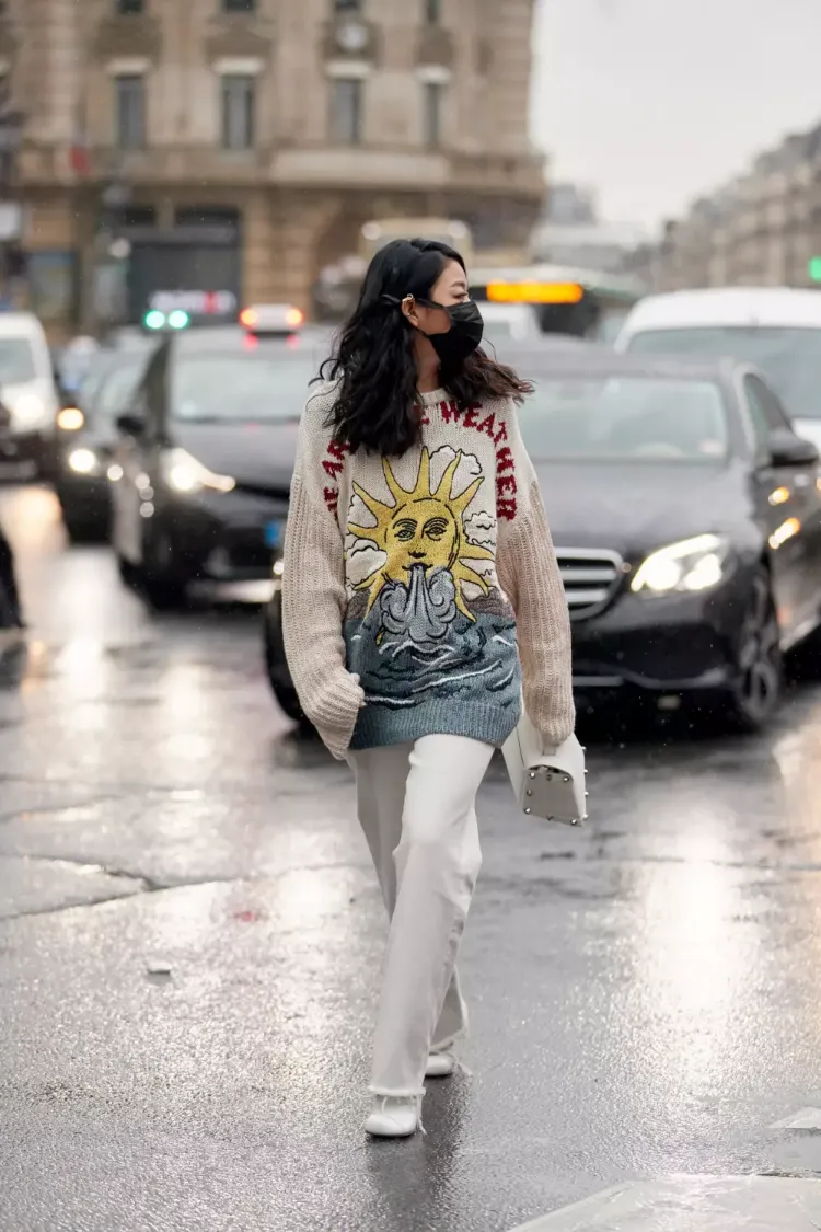 Graphic Knit Sweater with White Wide-Legs Graphic Knit Sweater with White Wide-Legs — Colorful Winter Outfits