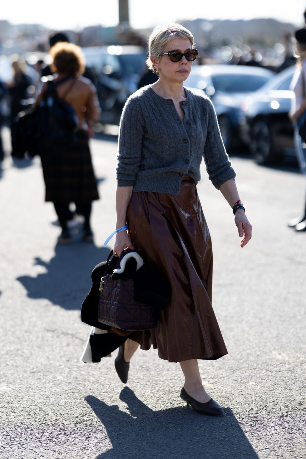 Grey Knit Cardigan with Faux Leather Midi Skirt Grey Knit Cardigan with Faux Leather Midi Skirt — Winter Outfits for Women Over 60