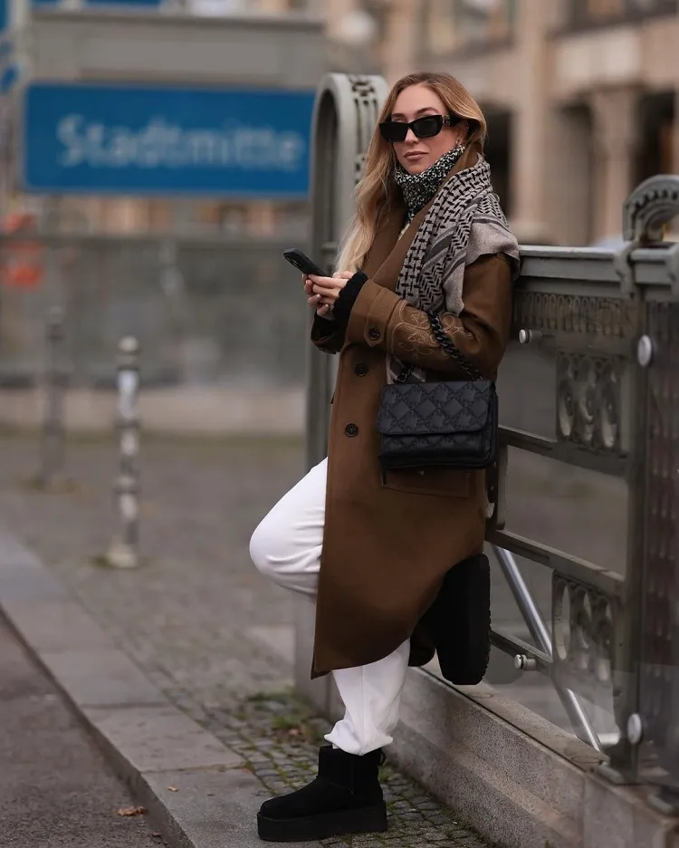 Platform UGG Boots with Trousers and Wool Coat — Winter Boots Outfits