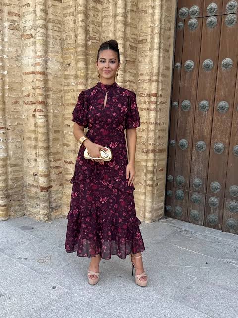 Deep Purple Floral Chiffon Midi Dress Deep Purple Floral Chiffon Midi Dress — Winter Wedding Guest Outfits
