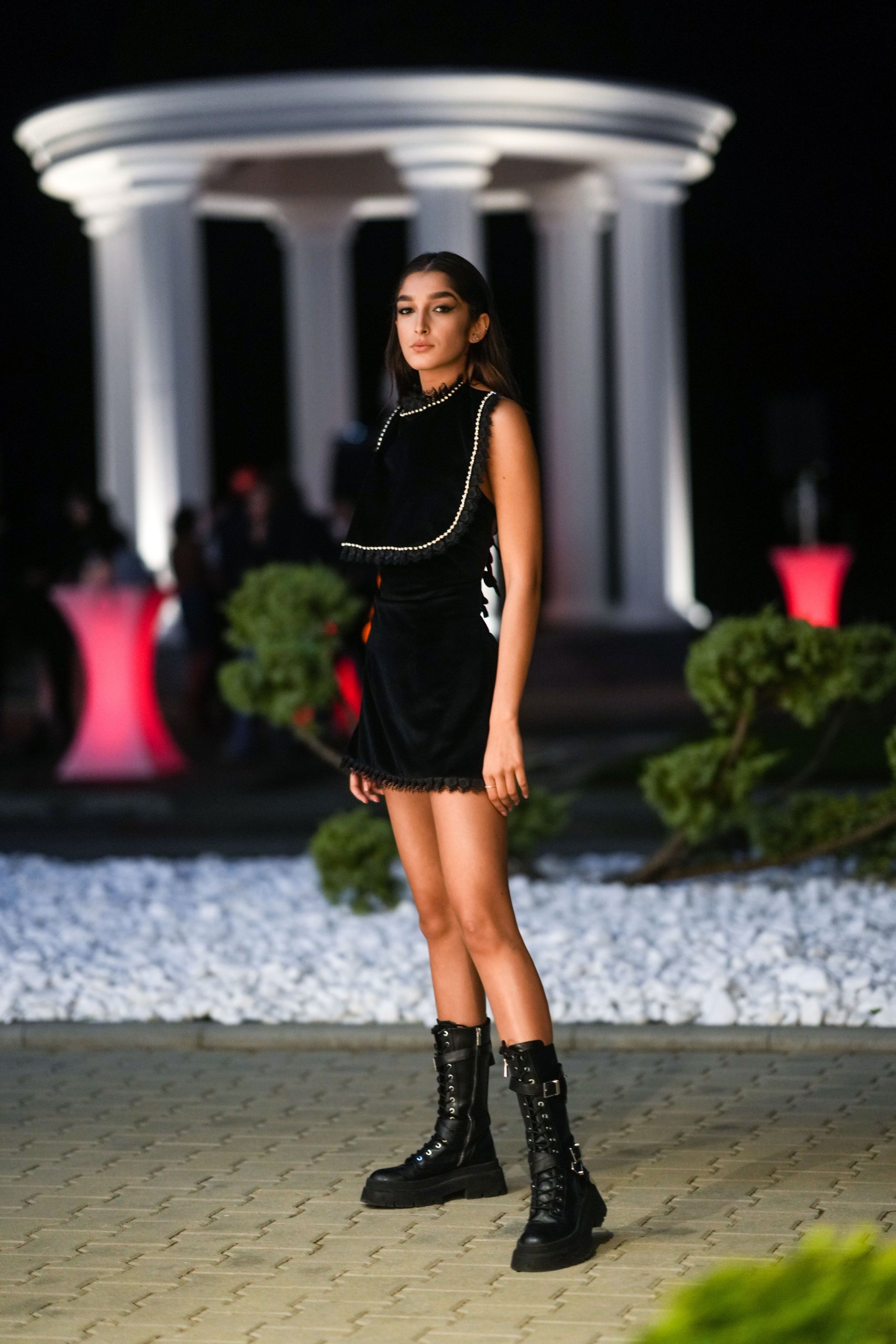 Velvet Mini Dress with Combat Boots Velvet Mini Dress with Combat Boots — Black Boots Outfits