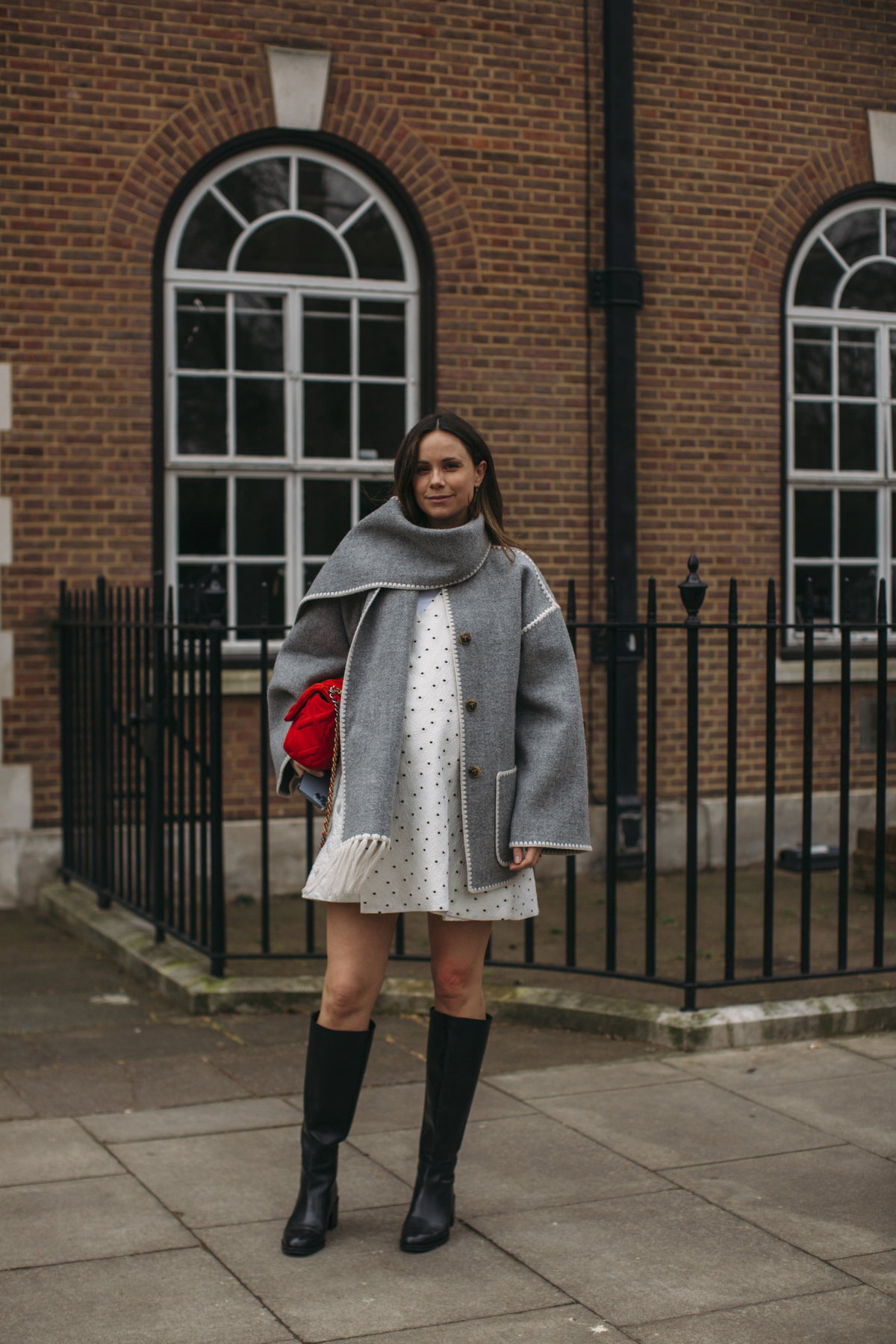 Polka Dot Dress and Grey Coat with Black Knee-High Boots Polka Dot Dress and Grey Coat with Black Knee-High Boots — Knee High Boots Outfits