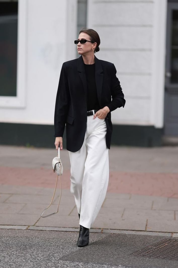 White Wide-Leg Trousers with Oversized Denim Jacket White Wide-Leg Trousers with Oversized Denim Jacket — Winter White Outfits