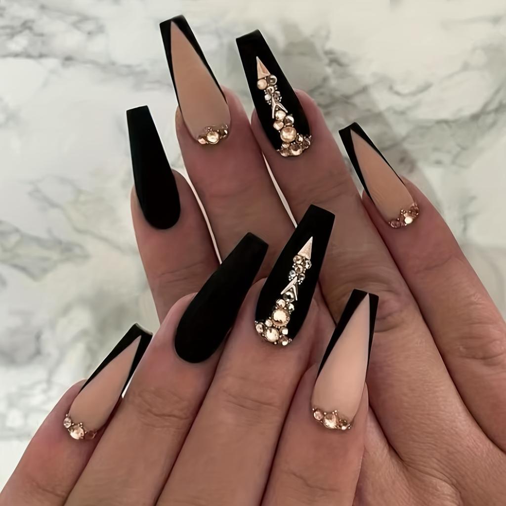 Matte Black Nude French Rhinestone Coffin Nails Matte Black Nude French Rhinestone Coffin Nails — Winter Coffin Nails