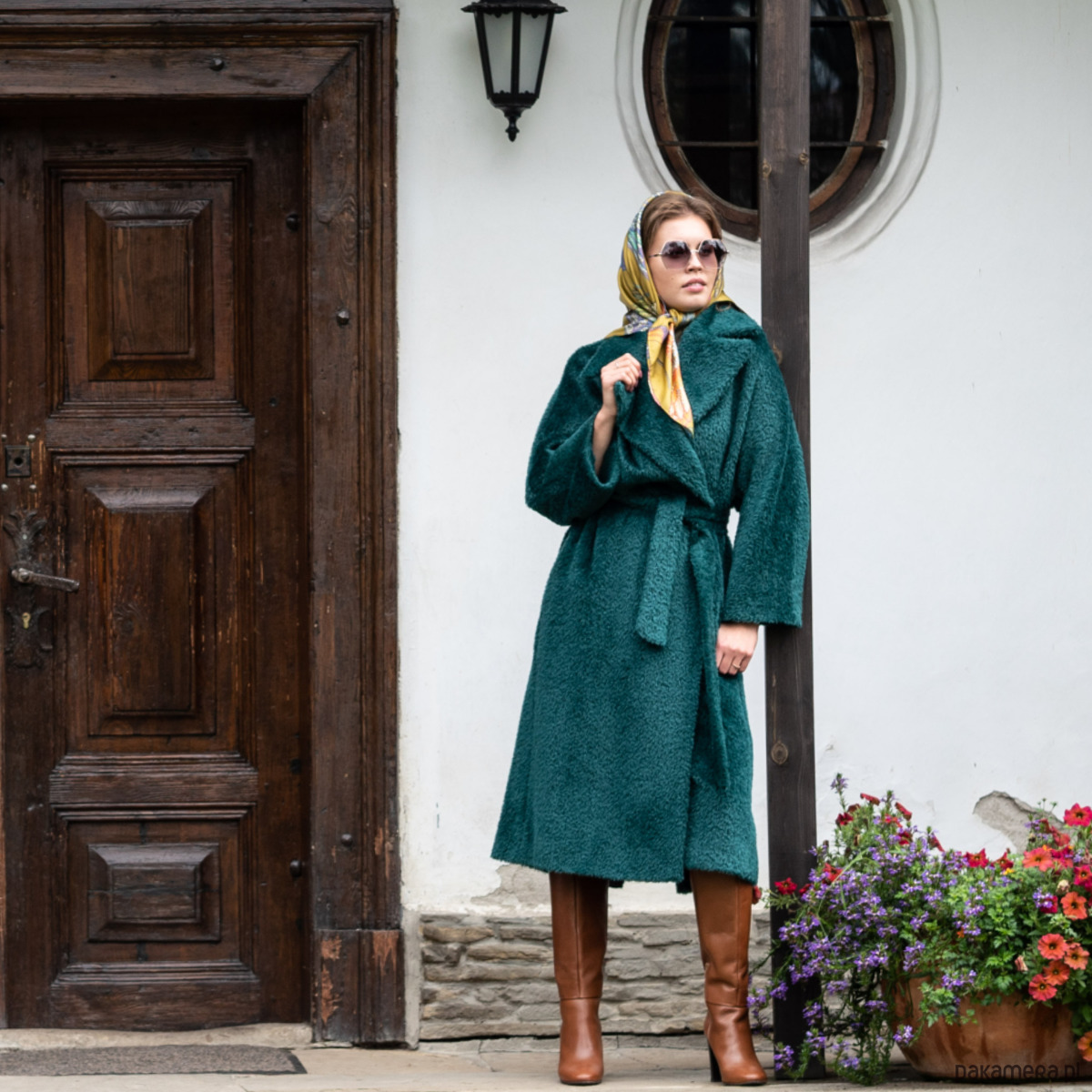 Textured Teal Wool Blend Coat with Silk Scarf — Winter Outfits for Plus Size Women
