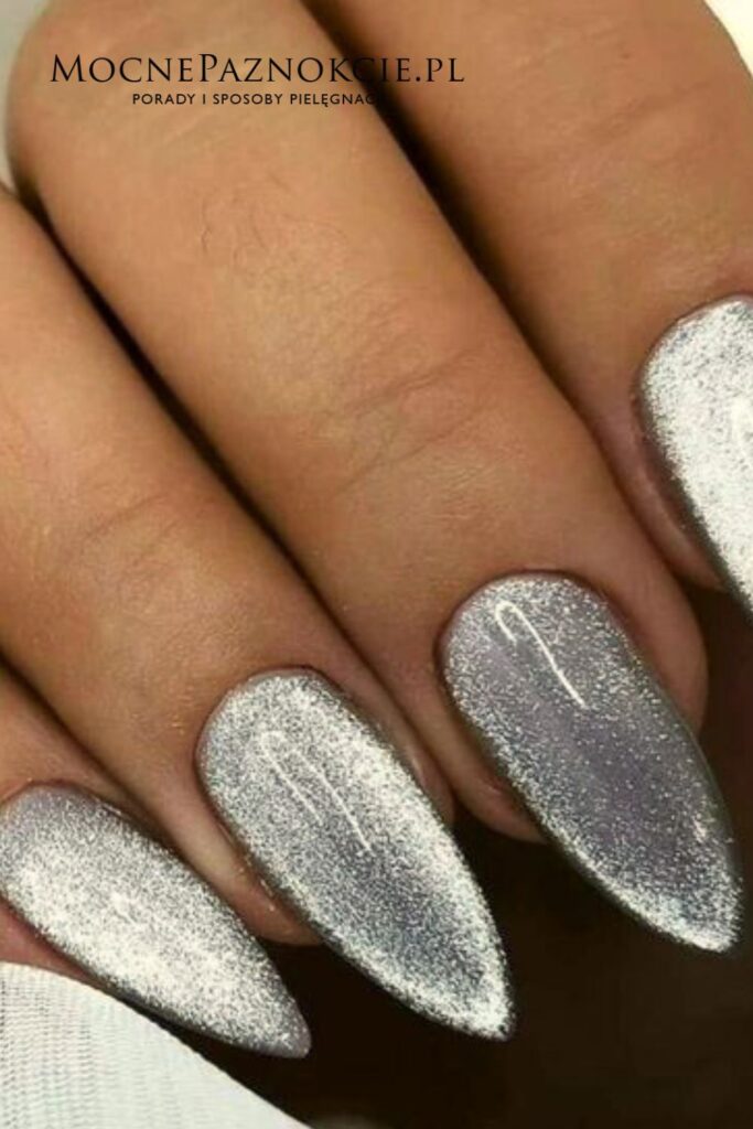 Shimmering Silver-Gray Cat Eye Stilettos — Winter Gray Nails