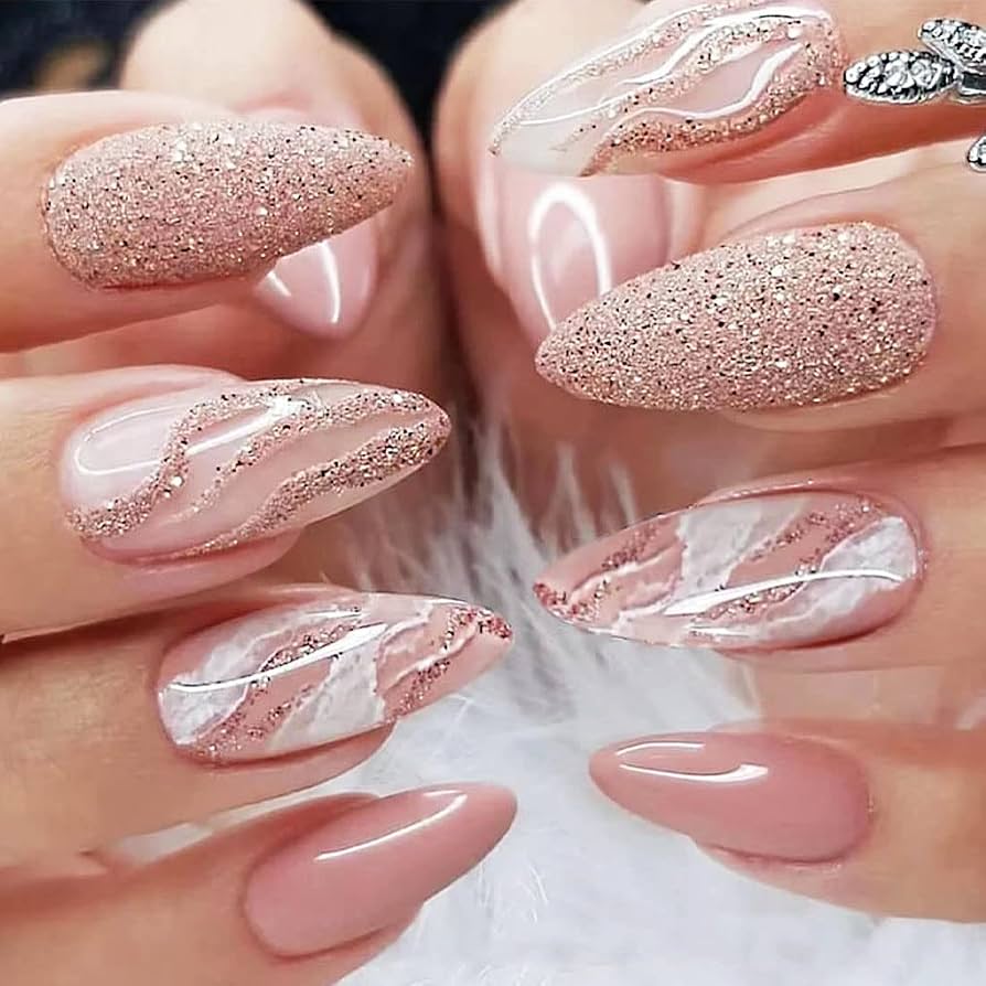 Marble Rose Gold Glitter Mix Nails — Winter Marble Nails