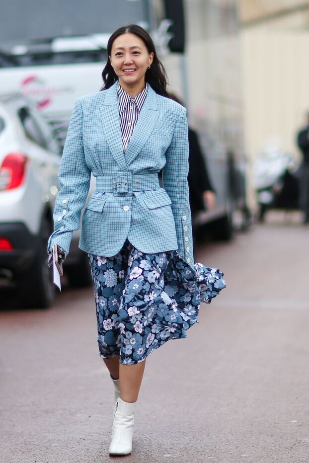 Belted Blazer with Striped Shirt and Floral Skirt Belted Blazer with Striped Shirt and Floral Skirt — Europe Winter Outfits