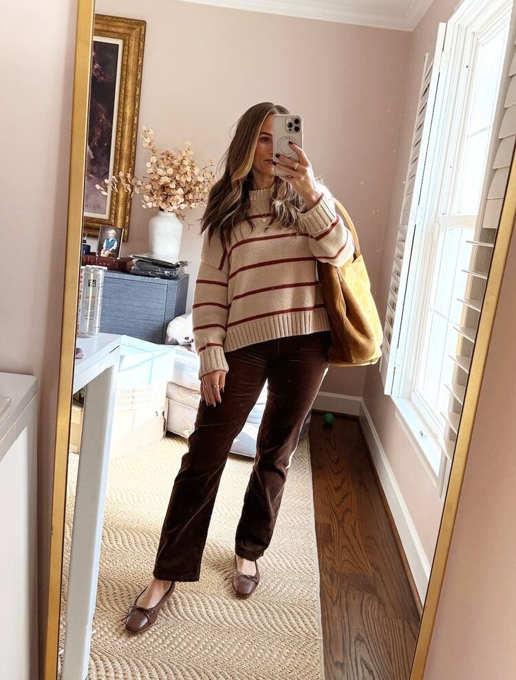 Striped Knit Sweater with Velvet Straight-Leg Pants Striped Knit Sweater with Velvet Straight-Leg Pants — Winter Outfits for Moms