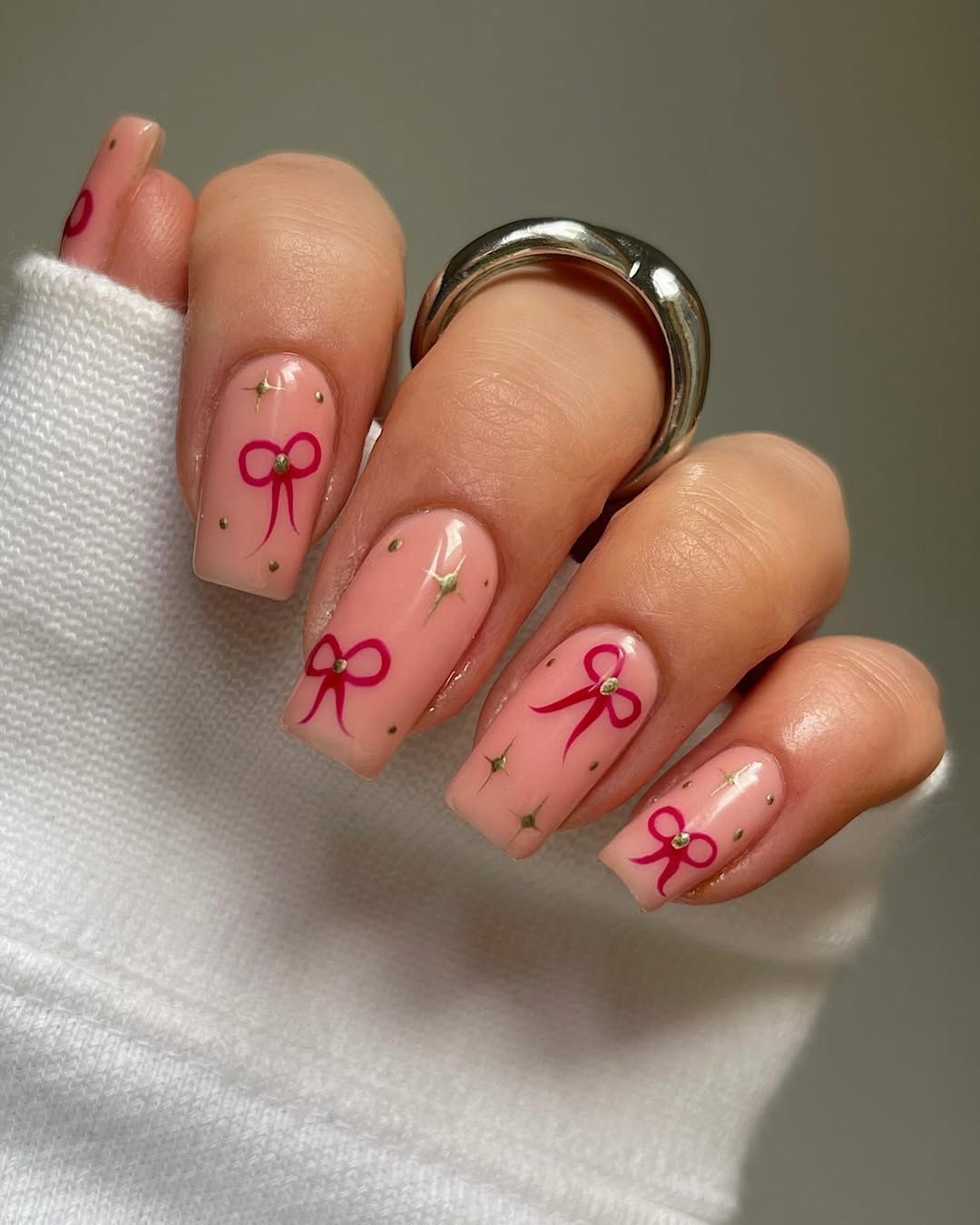 Pale Pink Squovals with Red Bows and Gold Dots Pale Pink Squovals with Red Bows and Gold Dots — Winter Squoval Nails