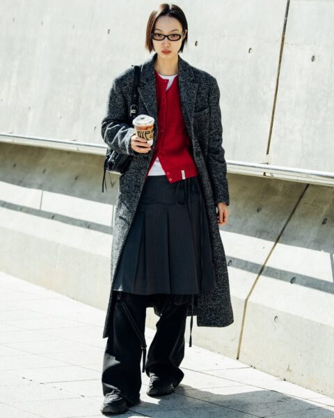 Long Grey Coat Over Red Cardigan for Casual Winter — Korean Winter Outfits