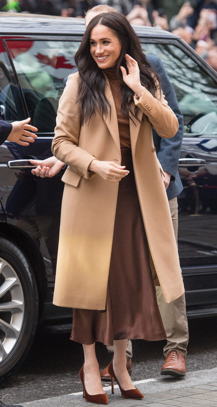 Camel Coat with Brown Turtleneck and Satin Midi Skirt — Camel Coat Outfits