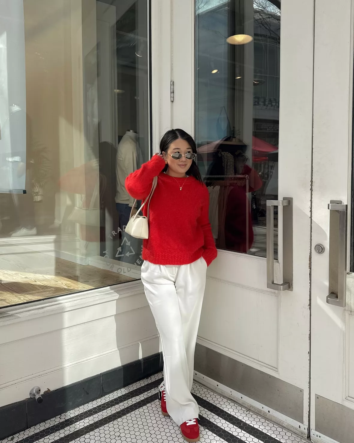 Fuzzy Knit Sweater and Wide-Leg Pants with Red Sneakers Fuzzy Knit Sweater and Wide-Leg Pants with Red Sneakers — Winter Outfits with Sneakers