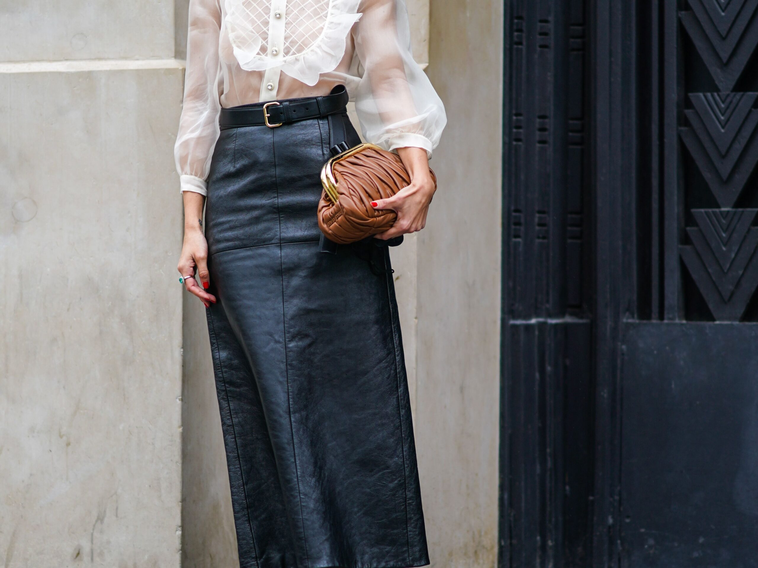 Black Leather Midi Skirt with Sheer Ruffled Blouse and Belt Black Leather Midi Skirt with Sheer Ruffled Blouse and Belt — Leather Skirt Outfits