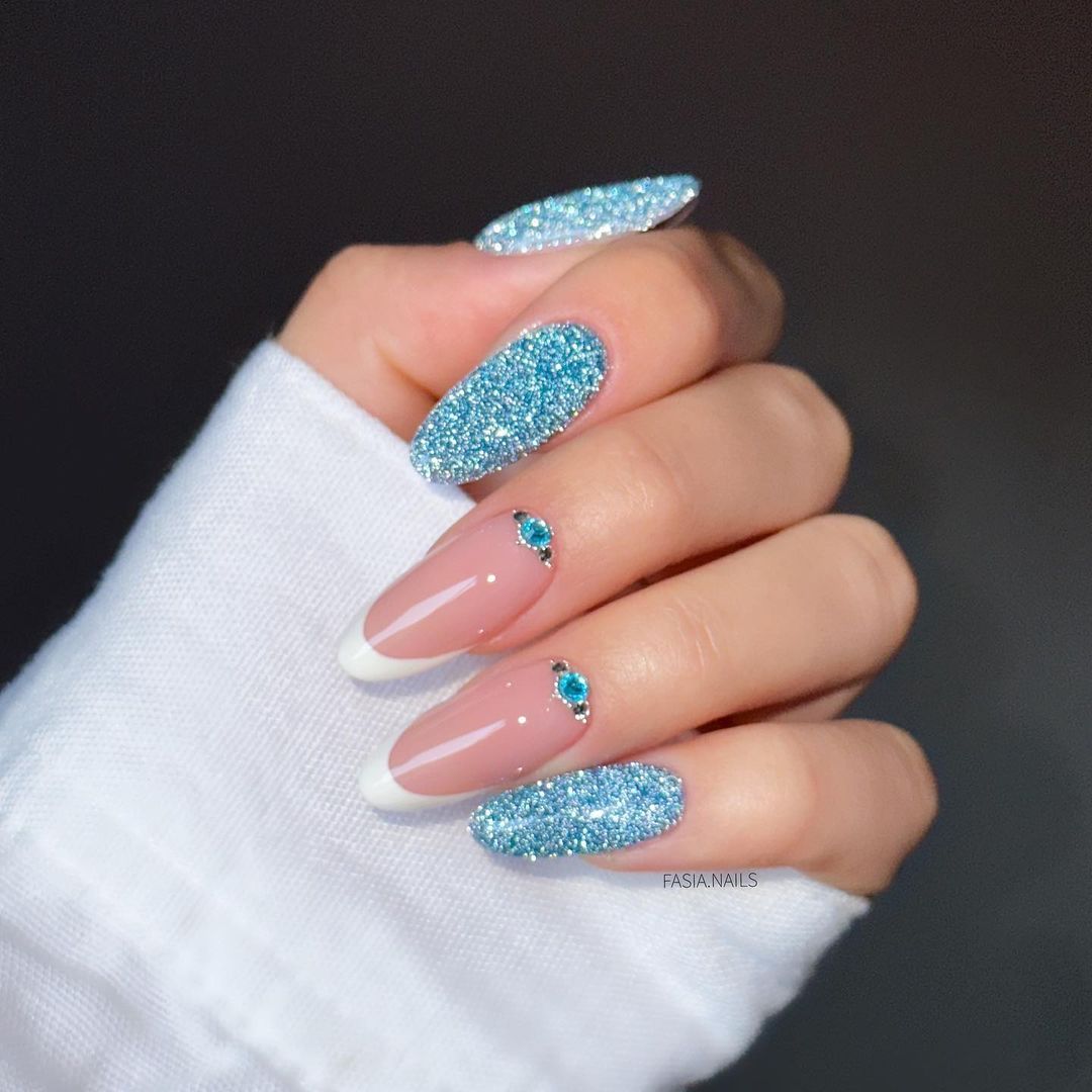 Long Almond French with Blue Glitter Accents Long Almond French with Blue Glitter Accents — Winter Nail Colors for Pale Skin