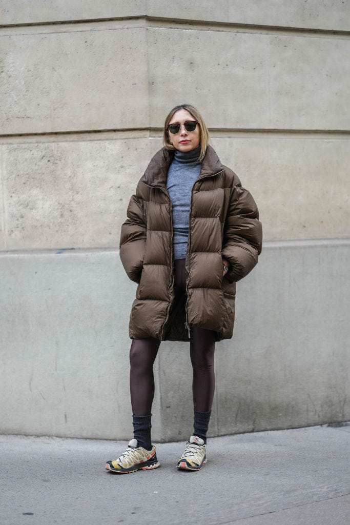 Oversized Puffer Coat with Leggings for a Comfortable Snow Day — Snow Day Outfits