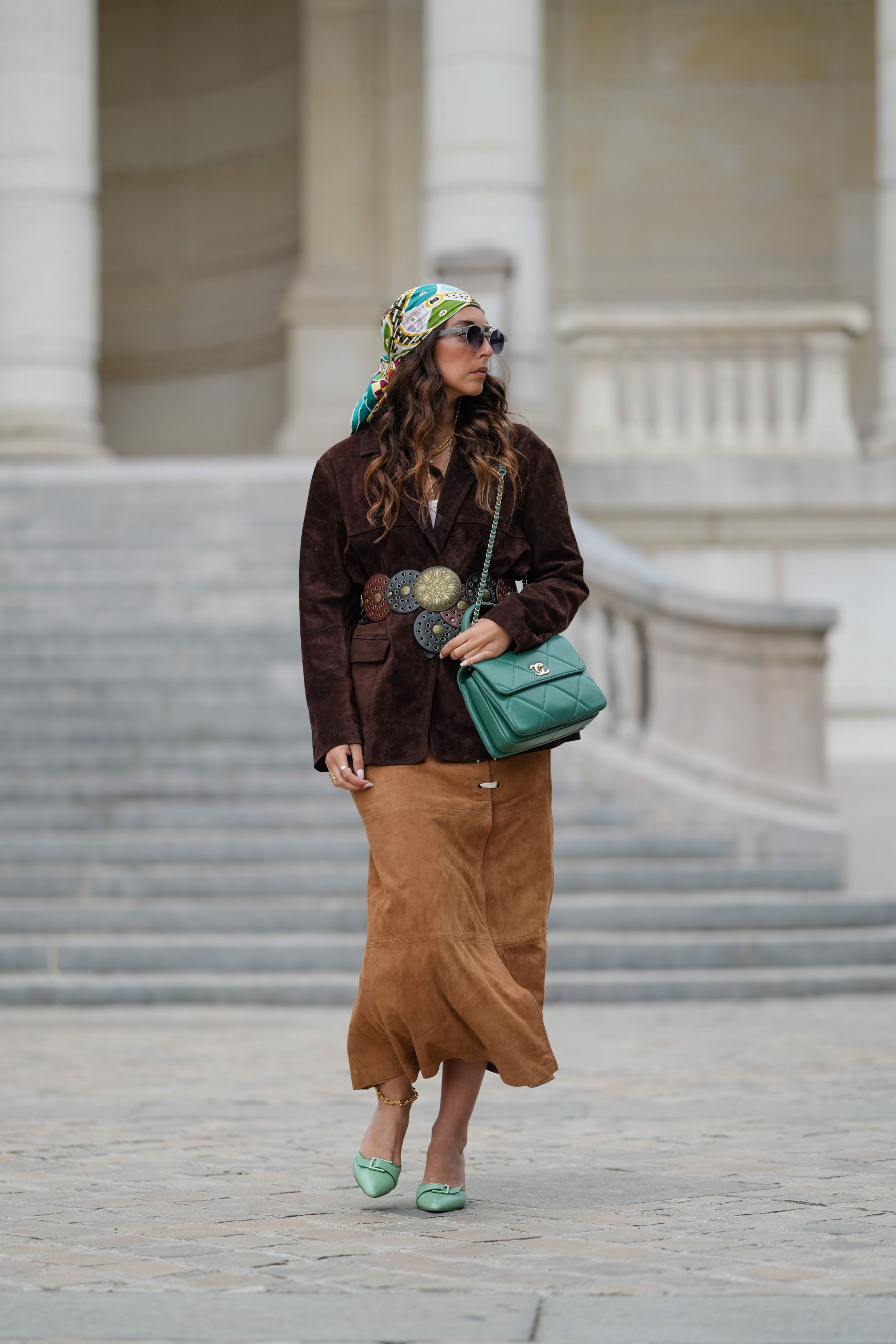 Brown Suede Blazer with Tan A-line Skirt and Silk Scarf Brown Suede Blazer with Tan A-line Skirt and Silk Scarf — Winter to Spring Transition Outfits