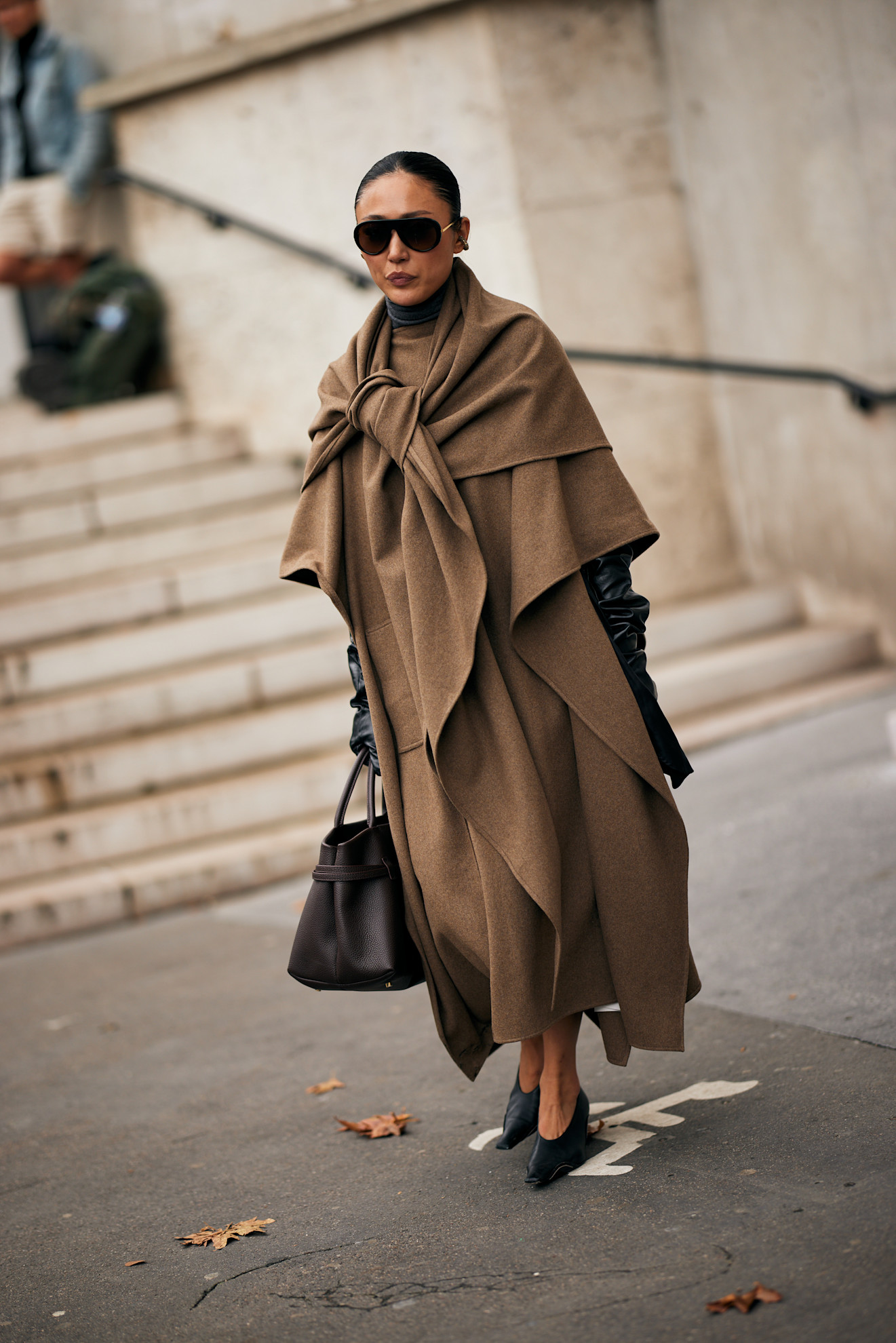 Dramatic Brown Cape Coat Over a Black Turtleneck Dramatic Brown Cape Coat Over a Black Turtleneck — Winter Outfits for Moms