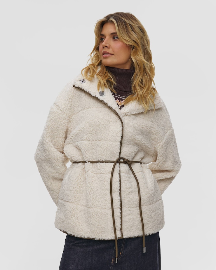 Cream Teddy Coat with Patterned Turtleneck and Denim Cream Teddy Coat with Patterned Turtleneck and Denim — Cold Weather Outfits