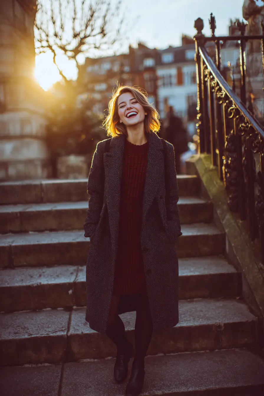 Burgundy Knit Dress with Herringbone Coat for a Warm Work Ensemble Burgundy Knit Dress with Herringbone Coat for a Warm Work Ensemble — Winter Work Outfits