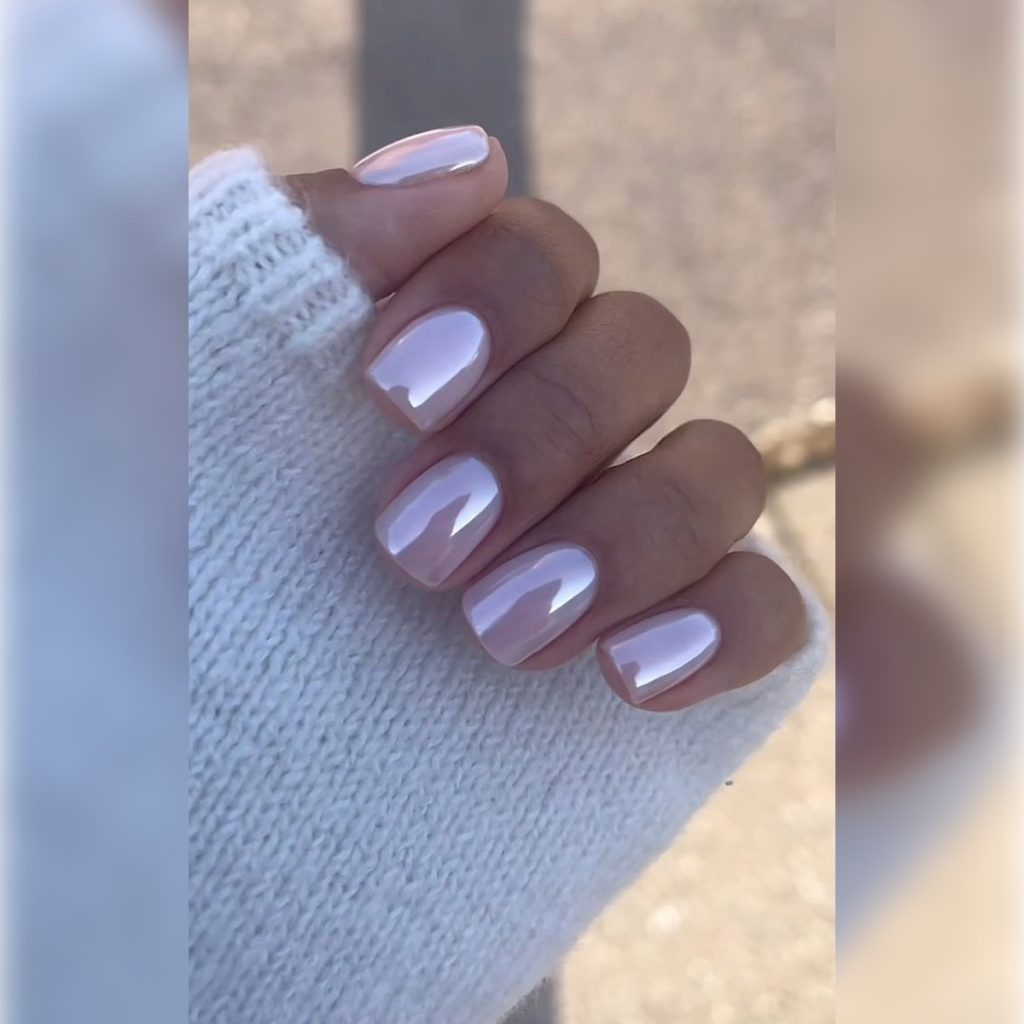 Pale Pink Iridescent Shimmer Nails — Short Winter Gel Nails