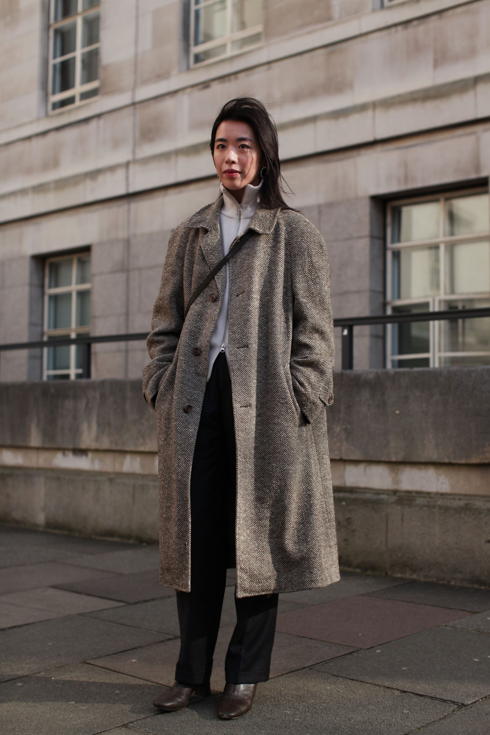 Patterned Tweed Long Coat with Grey Neutrals — Long Coat Outfits