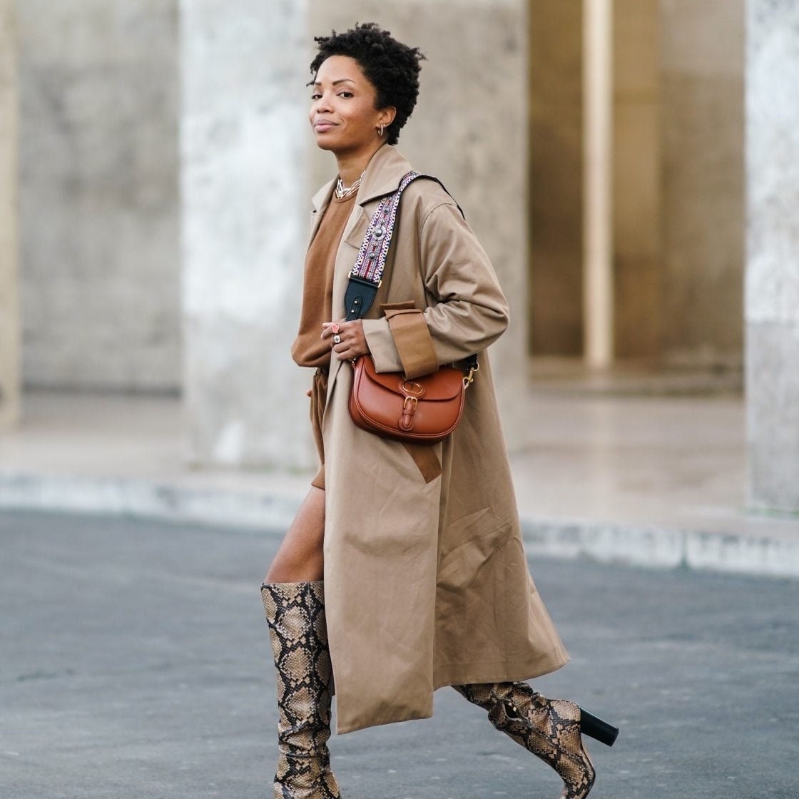 Beige Trench Coat with Snakeskin Boots for a Stylish Combo — Winter Outfits