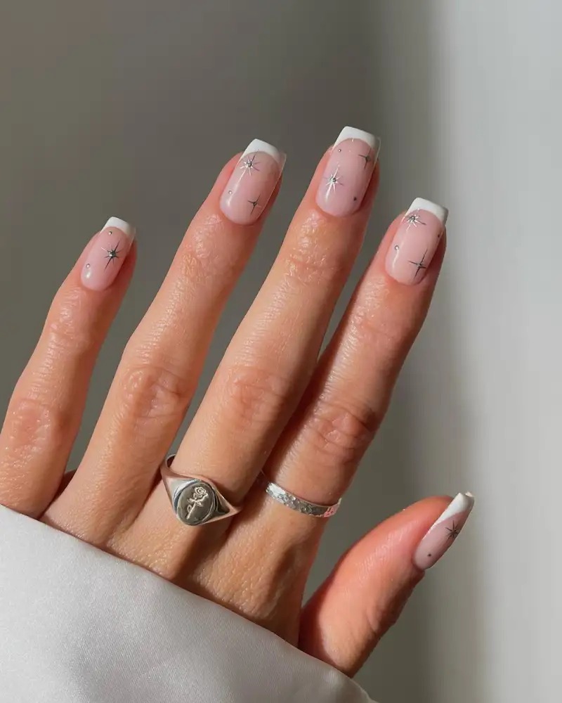 Short Square White Tips with Silver Stars — Winter French Tip Nails