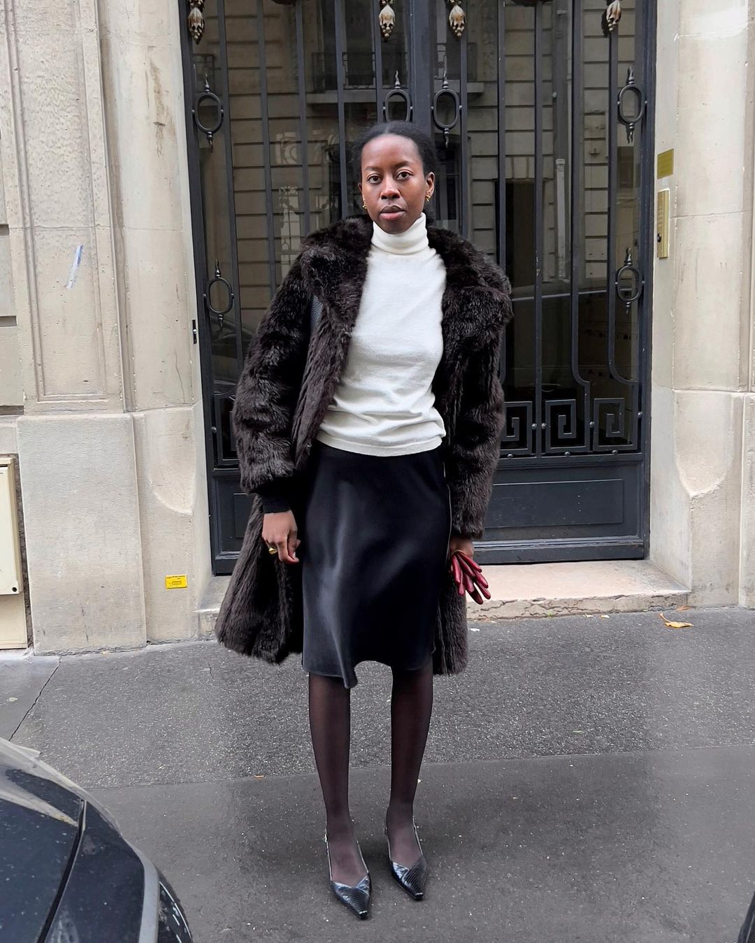 Elegant Formal Outfit with Black Sheer Tights and Faux Fur Elegant Formal Outfit with Black Sheer Tights and Faux Fur — Tights Outfits