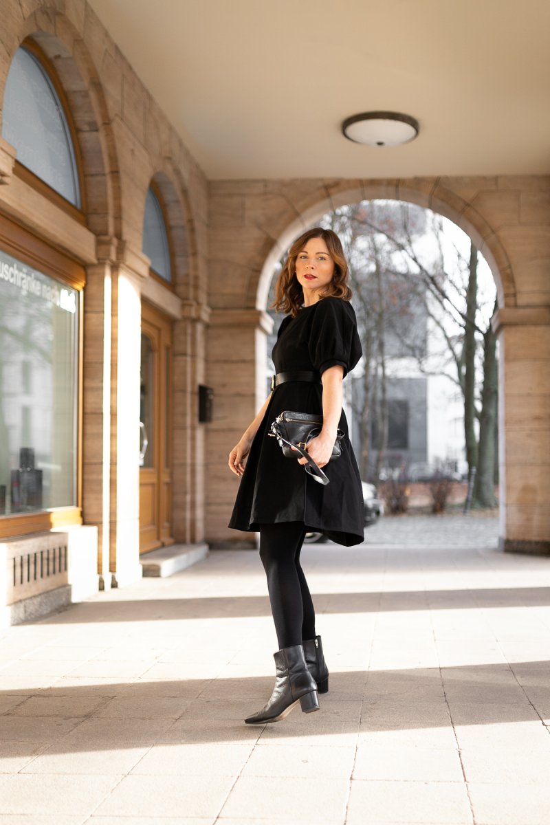 Chic Evening Dress: Puff-Sleeve Dress with Tights and Ankle Boots Chic Evening Dress: Puff-Sleeve Dress with Tights and Ankle Boots — All Black Winter Outfits