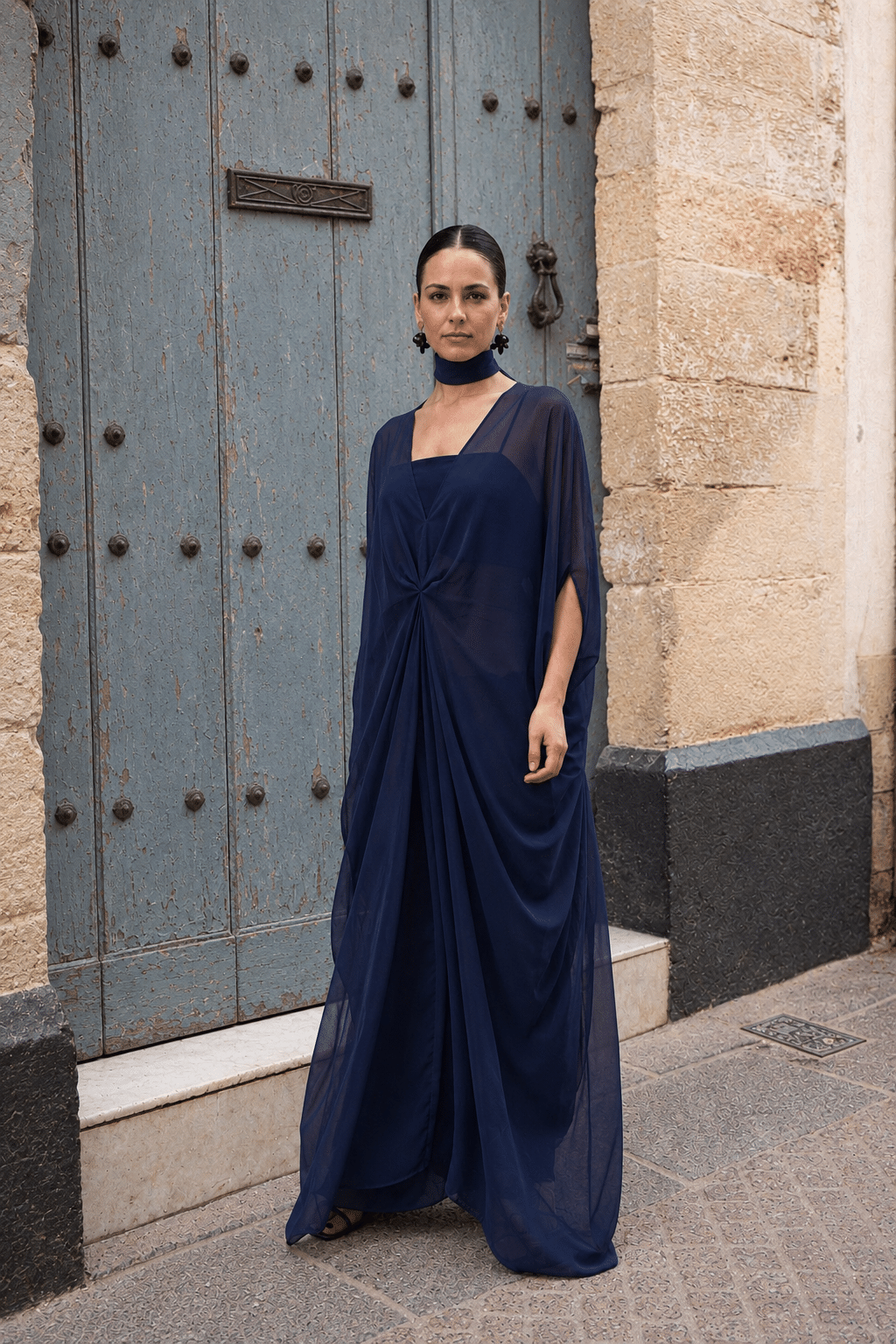 Navy Blue Sheer Kaftan Dress with Draped Front Navy Blue Sheer Kaftan Dress with Draped Front — Winter Wedding Guest Outfits