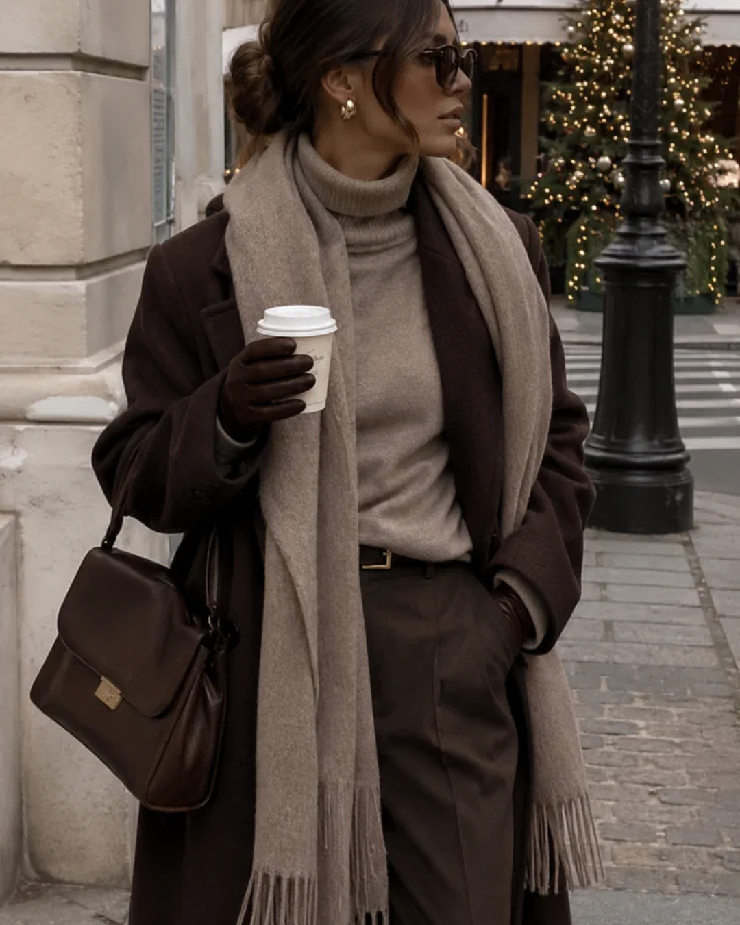 Chic Brown Wool Coat and Beige Turtleneck for a Sophisticated Winter Look Chic Brown Wool Coat and Beige Turtleneck for a Sophisticated Winter Look — Winter Photoshoot Outfits