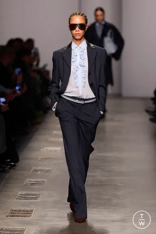 Pinstripe Suit with Ruffled Blouse and Red Shoes Pinstripe Suit with Ruffled Blouse and Red Shoes — London Winter Outfits