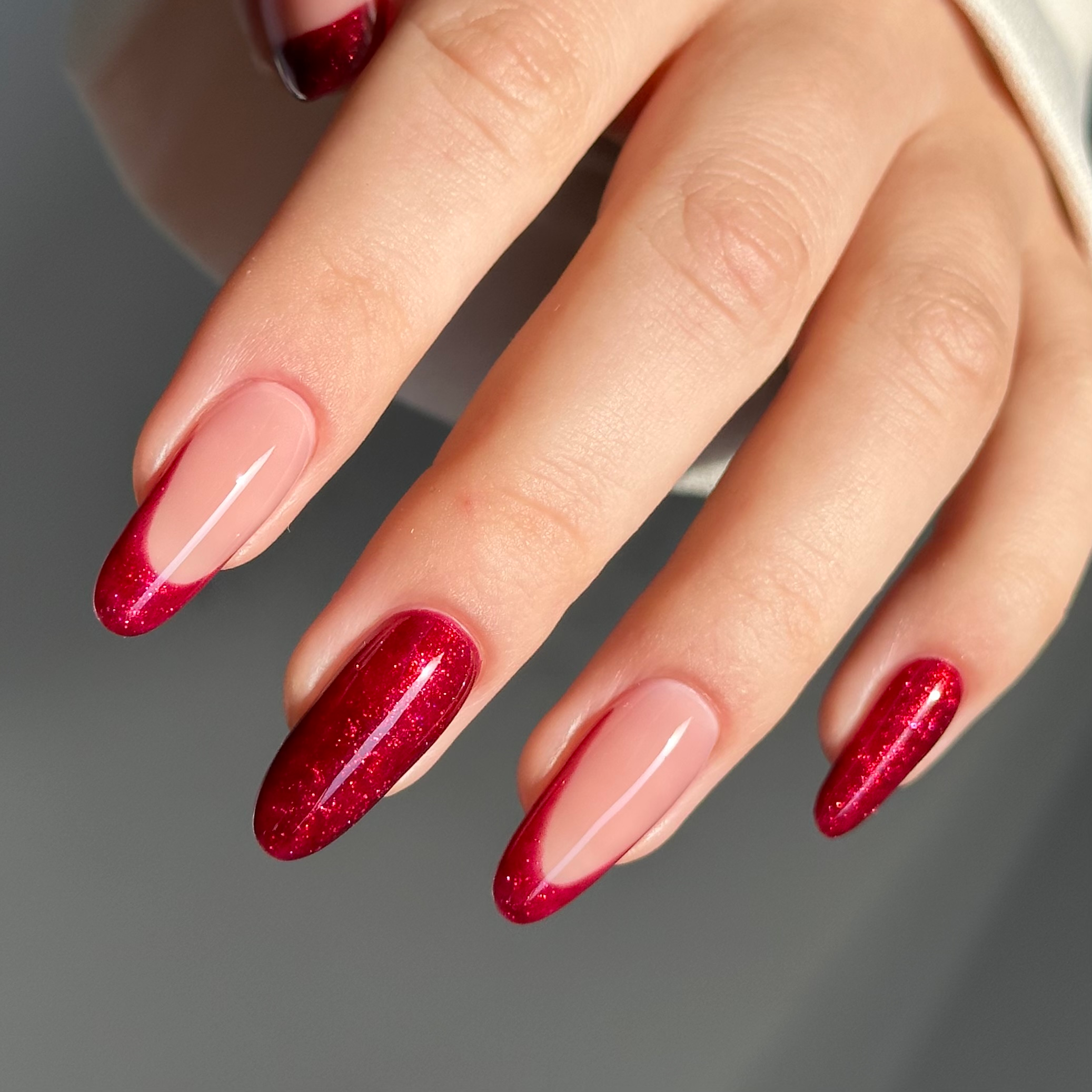 Sparkling Red Glitter French Almonds — Classy Winter Nails