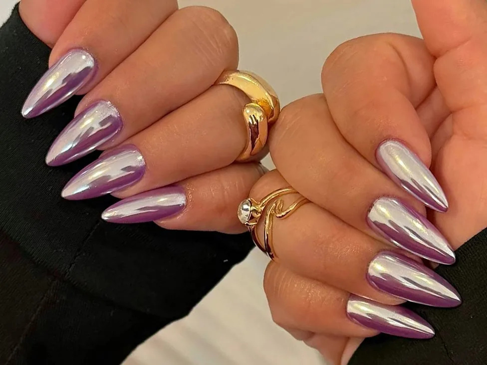 None Purple and Silver Chrome Stilettos — Winter Chrome Nails